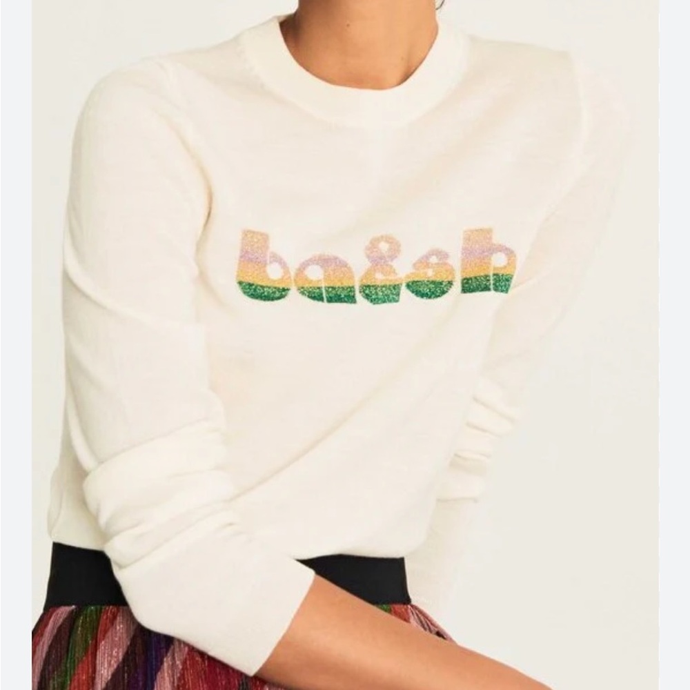 Ba&sh Wool Sweater with Colorful Logo Size XS Cream Lightweight Fun Chic French